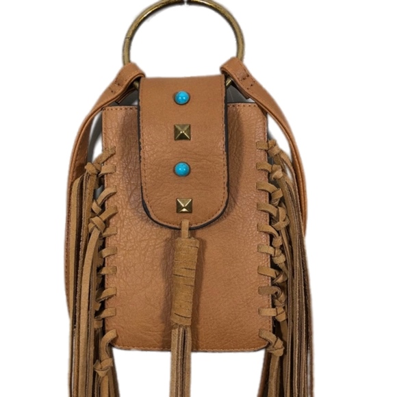 MUDD Women’s Brown Boho Fringe Cell Crossbody Bag - Picture 2 of 8